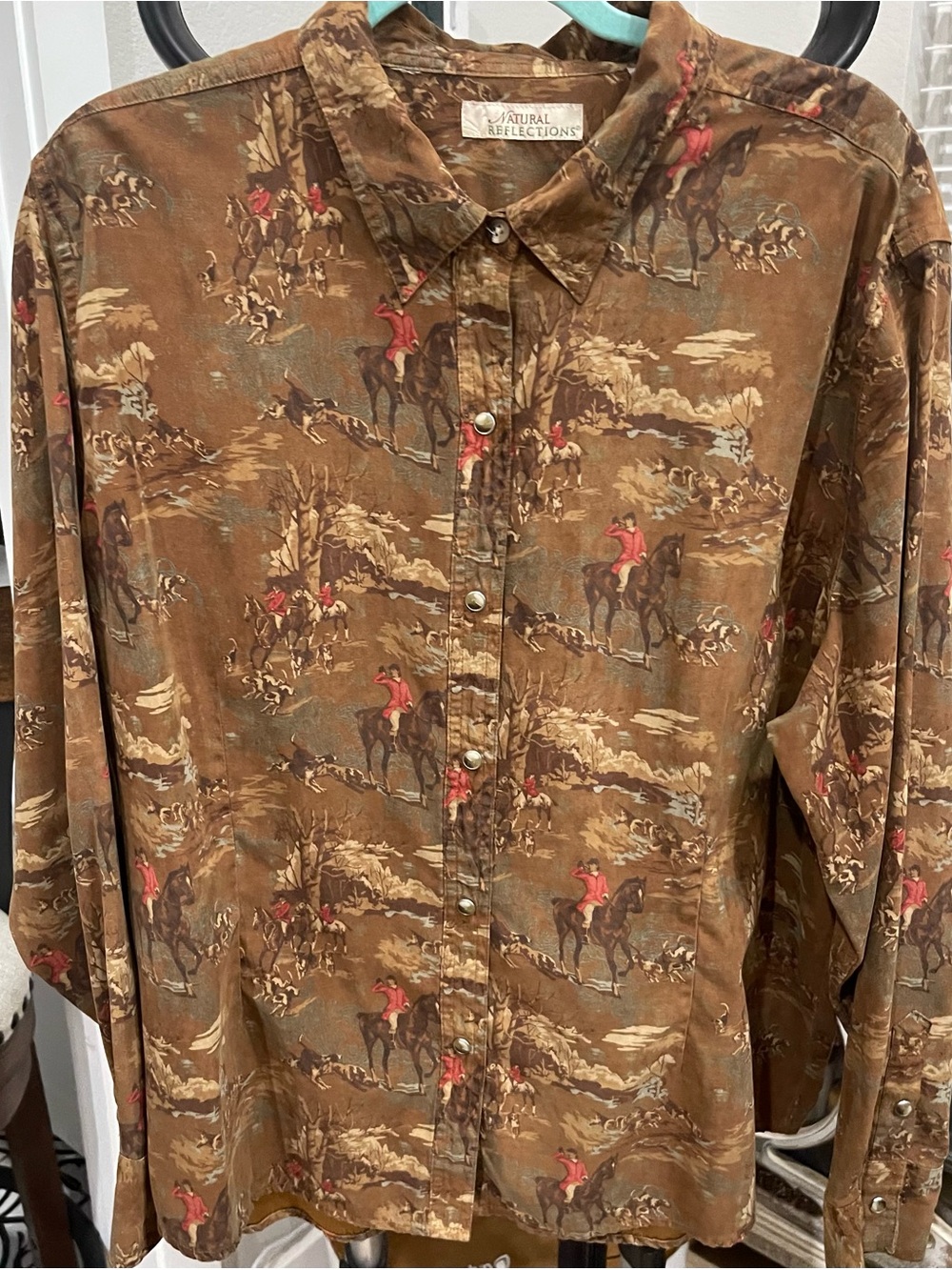 Natural Reflections Brown Equestrian Print Shirt with Olive Accents